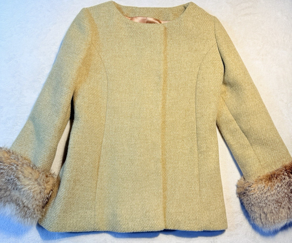 Vtg 60s Cuddlecoat New York Wool Tweed Coat Genuine Fur Cuffs Snap Front Sz Sm